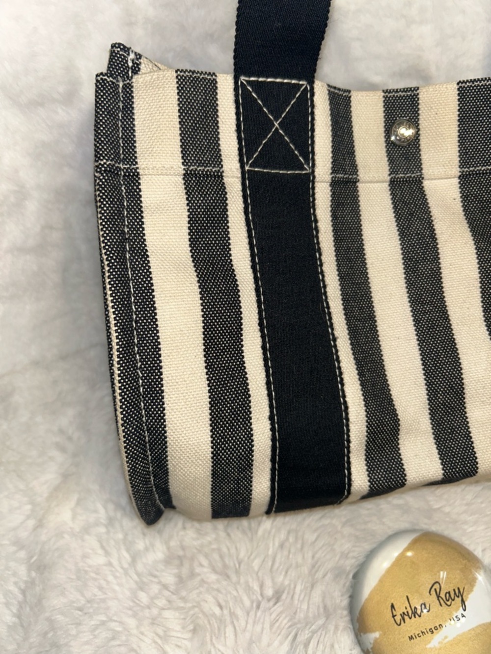Hermes Black & White Striped Canvas Tote Bag - Picture 5 of 16